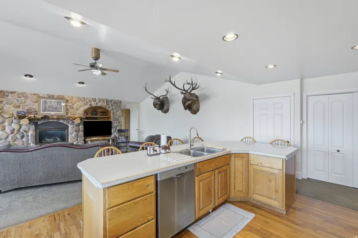 Open-concept living space featuring a kitchen island with integrated sink, wood-finish flooring, and a stone-clad fireplace