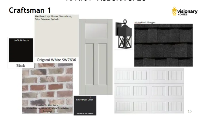 Architectural Specification Sheet. Detailing exterior material and color selections for the property