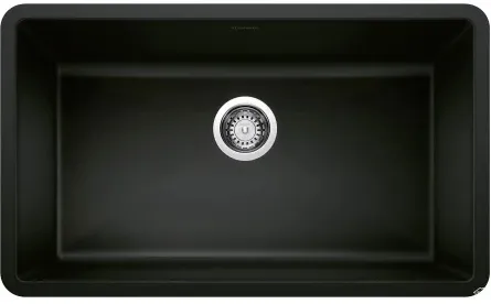 Deep single basin sink in a matte black finish with a polished chrome drain