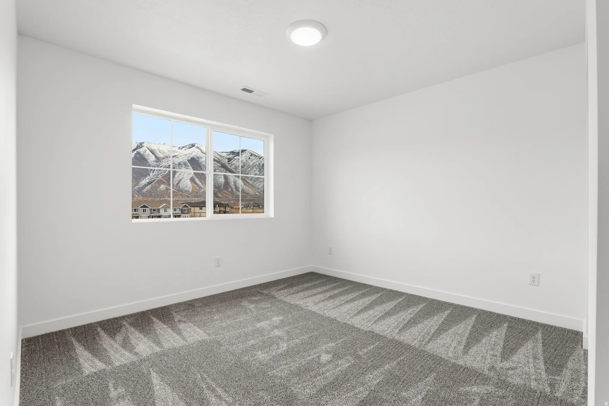 Room featuring a large window, neutral white walls, patterned gray carpet, a flush-mount ceiling light, and white baseboards