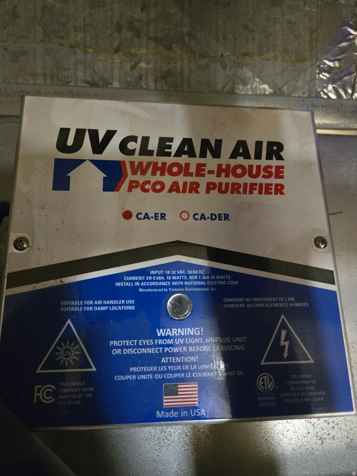 Whole-house PCO air purifier by UV Clean Air, installed within ductwork