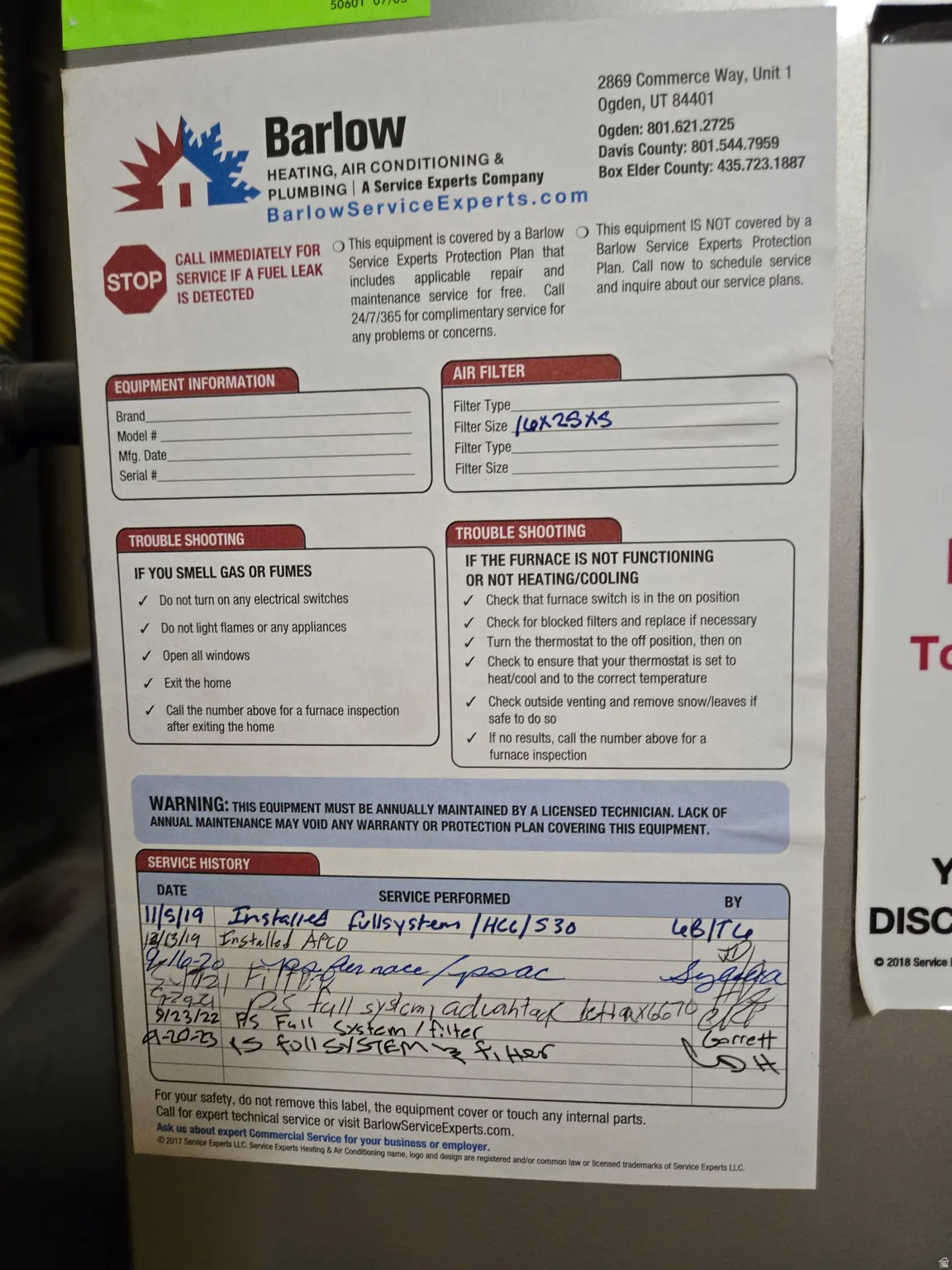 Maintenance documentation for the heating and air conditioning system