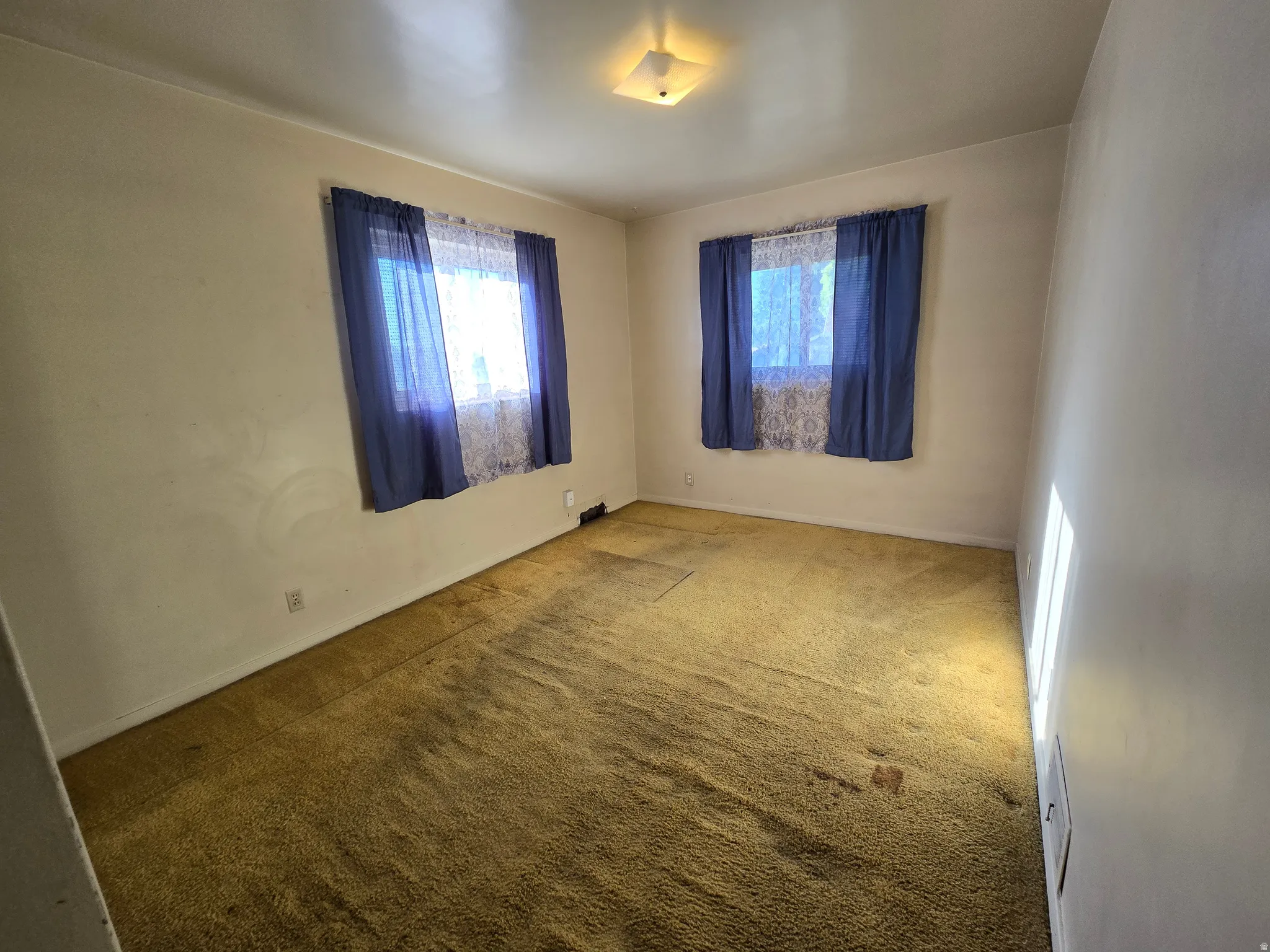 Room featuring a ceiling-mounted light fixture and two windows