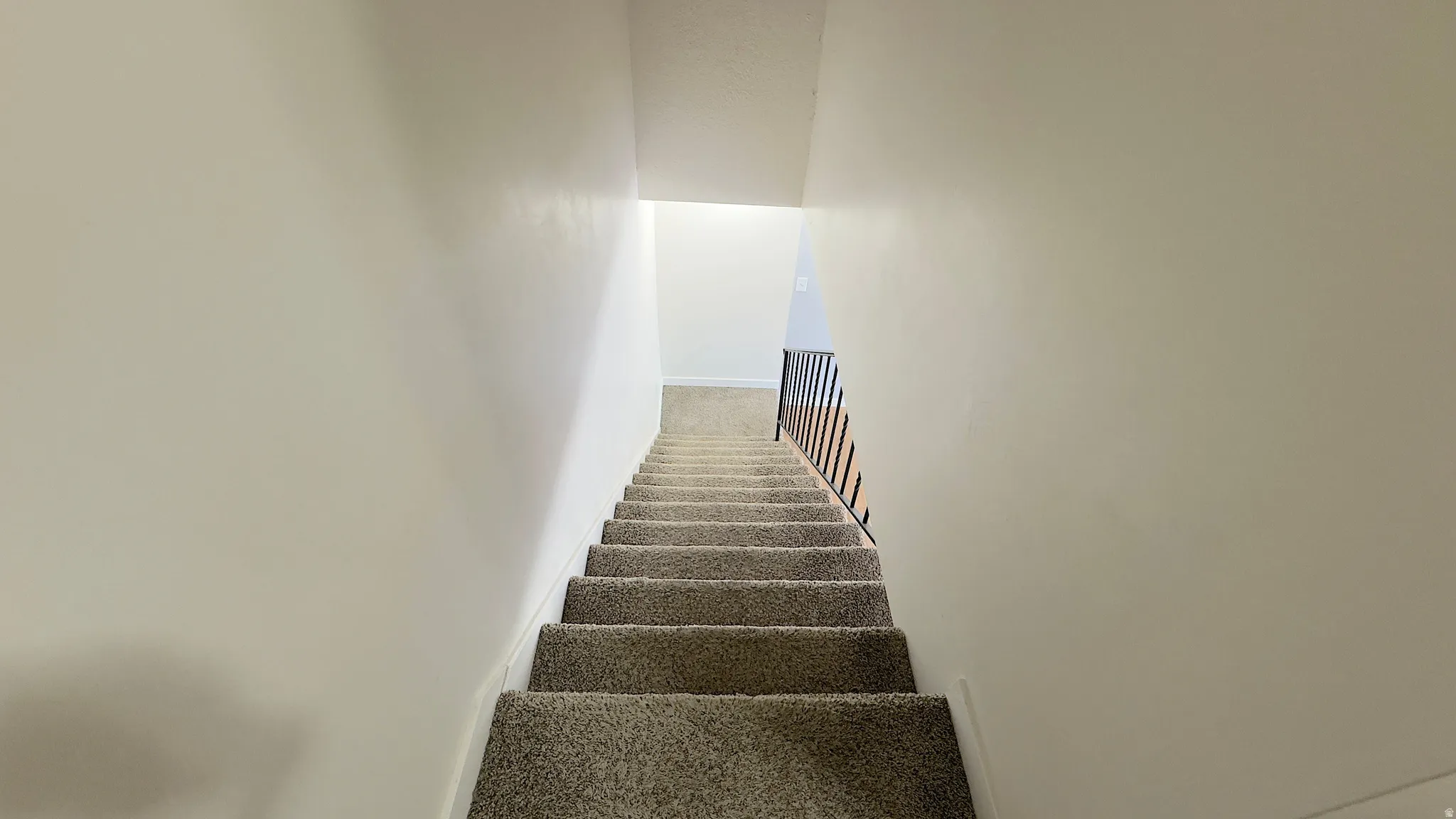 Carpeted staircase featuring a black metal railing at the bottom with white walls.