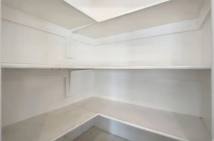 Kitchen corner pantry built-in shelving with multiple levels