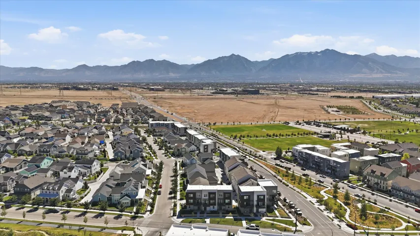 Expansive aerial perspective showcasing a residential community with diverse architectural styles