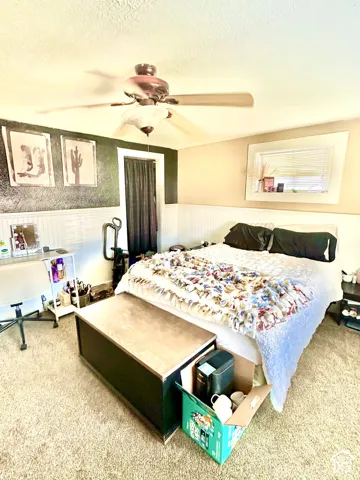Beadboard wainscoting, textured accent wall, ceiling fan with light fixture, neutral carpeting, and horizontal window