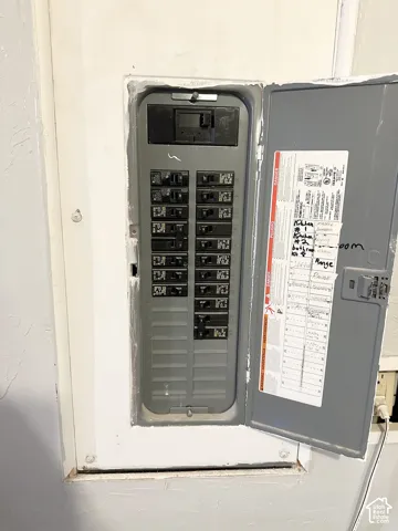 Electrical service panel featuring a multi-circuit breaker configuration with a labeled directory