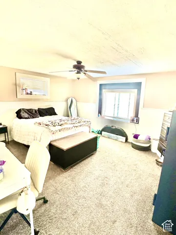 Room featuring white wainscoting, wall-to-wall carpeting, a multi-blade ceiling fan with integrated light fixture, and windows with white trim