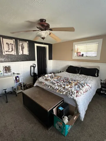 Carpeted room featuring a ceiling fan with integrated lighting, a single window with horizontal blinds, and wainscoting along the lower walls