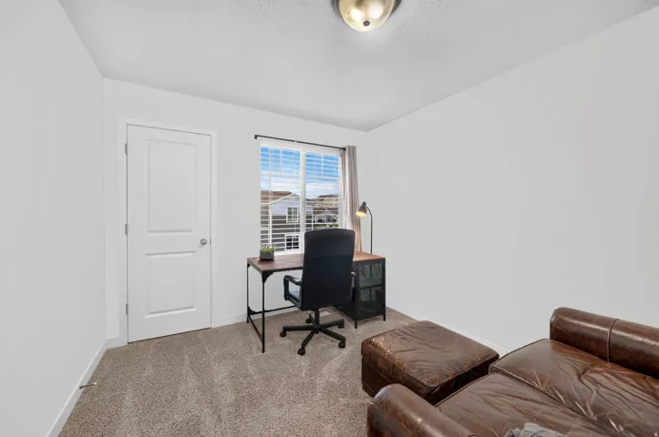 Bright room featuring a window with blinds, a solid white door, and textured carpeting