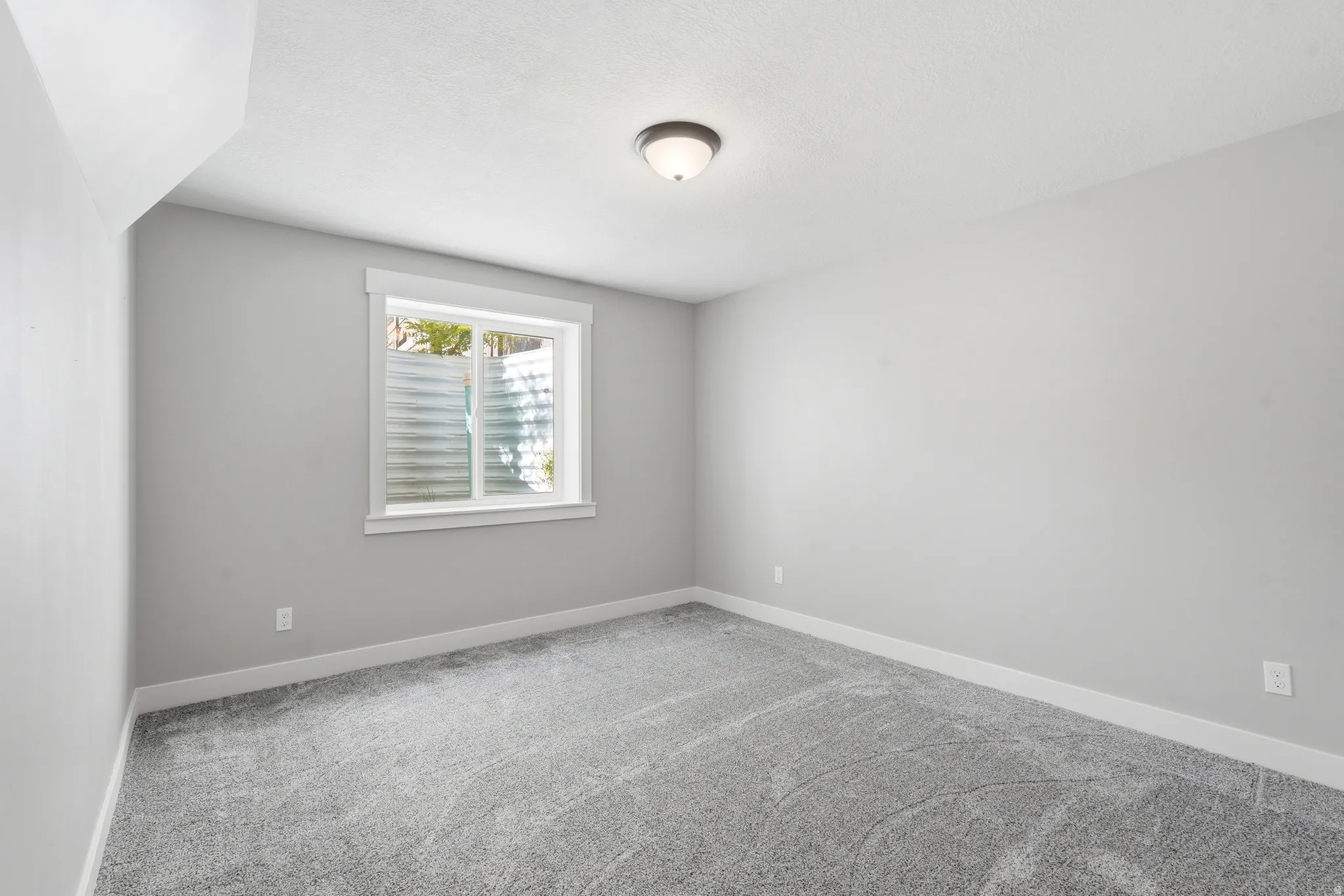 Bedroom featuring light gray walls, plush gray carpeting, a single window with white trim, and a ceiling-mounted light fixture