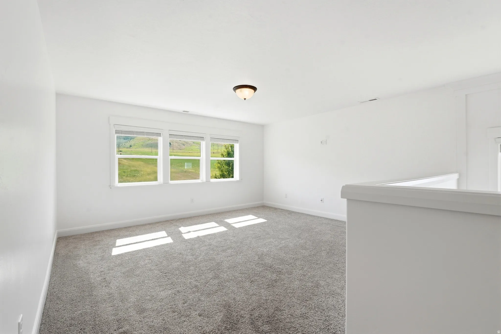 Spacious room featuring three large windows, gray carpet, white walls, white trim, and a ceiling-mounted light fixture