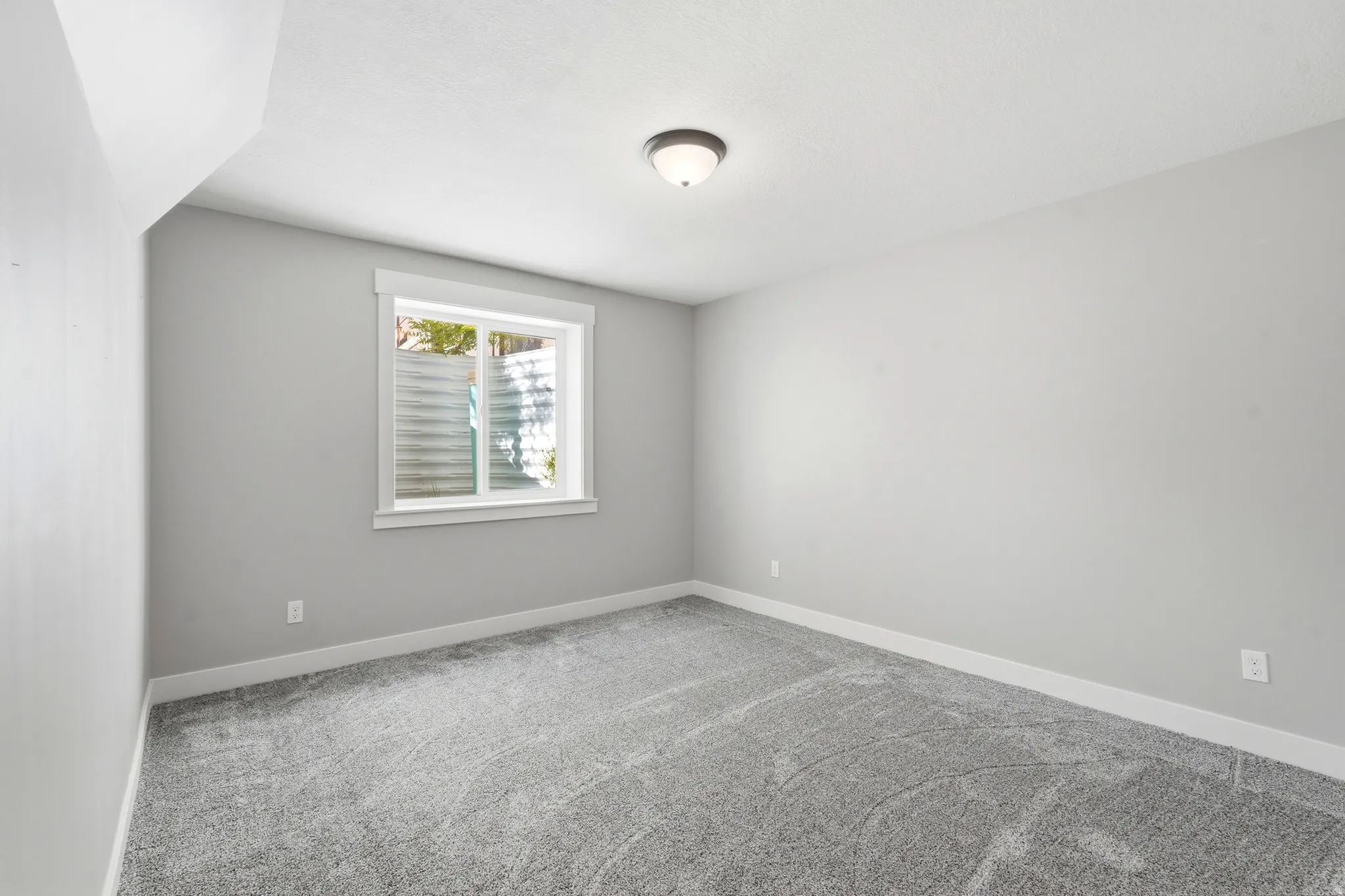 Room featuring light grey wall paint, plush grey carpeting, white baseboards, and a white-framed window