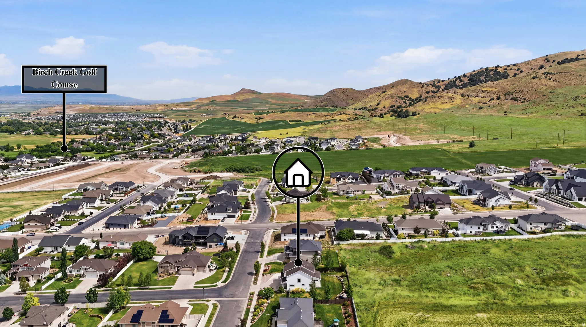 Aerial perspective showcasing a residential neighborhood with varied architectural styles