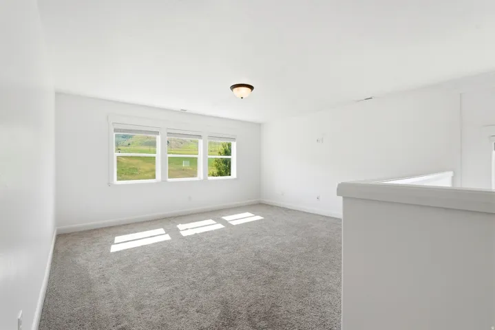 Spacious room featuring three large windows, gray carpet, white walls, white trim, and a ceiling-mounted light fixture