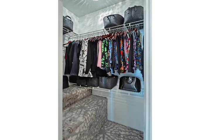 Walk-in closet featuring built-in wire shelving, hanging rods, and patterned carpet flooring