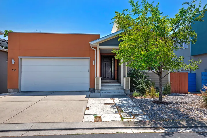 Contemporary exterior featuring an attached garage, a dark wood-finish entry door, concrete driveway, and a xeriscape-style front yard with a mature tree