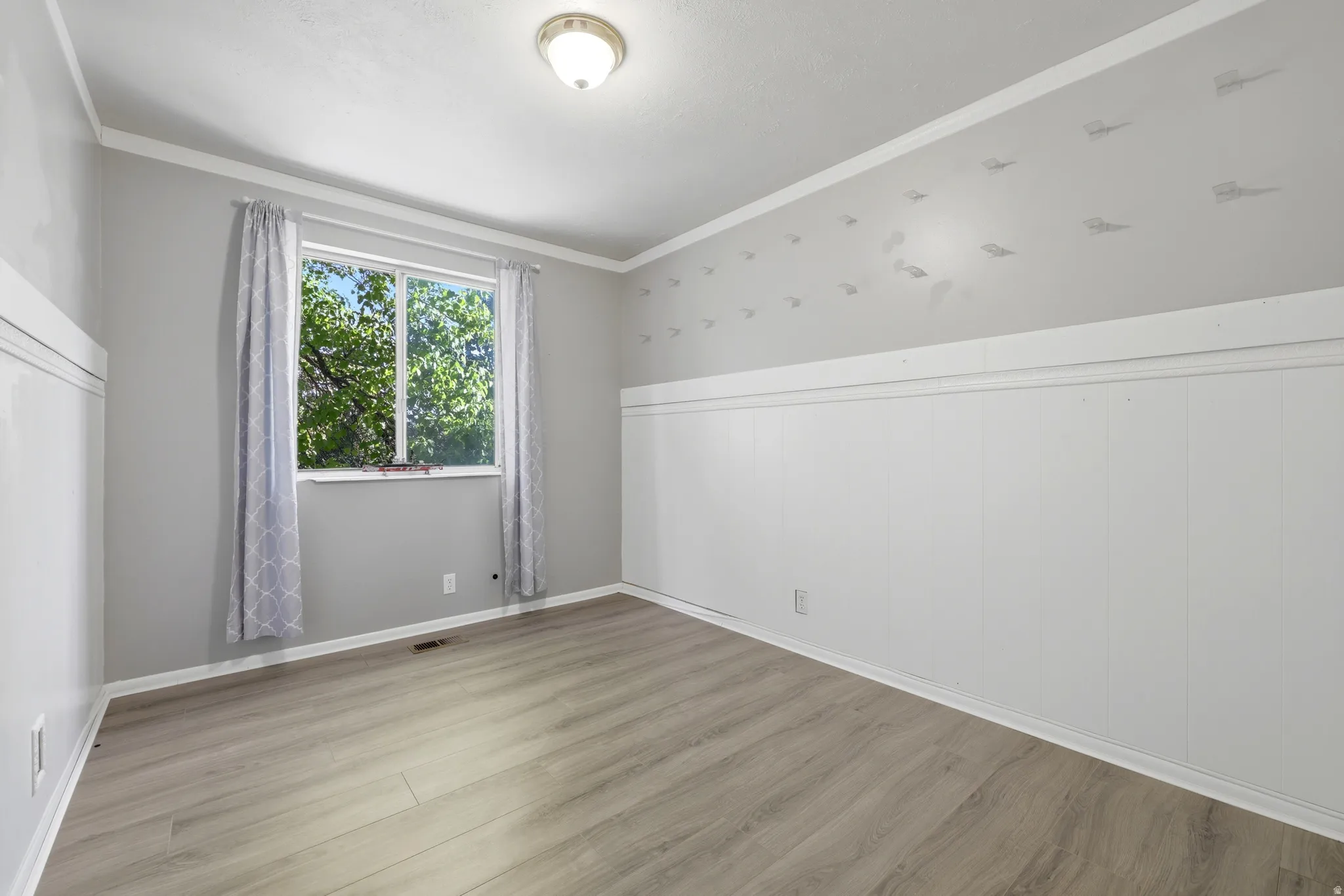 Spacious room featuring light wood-finish flooring, white wainscoting, and crown molding