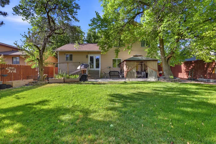 Expansive grassy backyard featuring mature trees providing natural shading