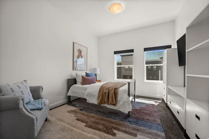 Bright room featuring two windows with mountain scenery, a ceiling-mounted light fixture, and built-in shelving with integrated drawers