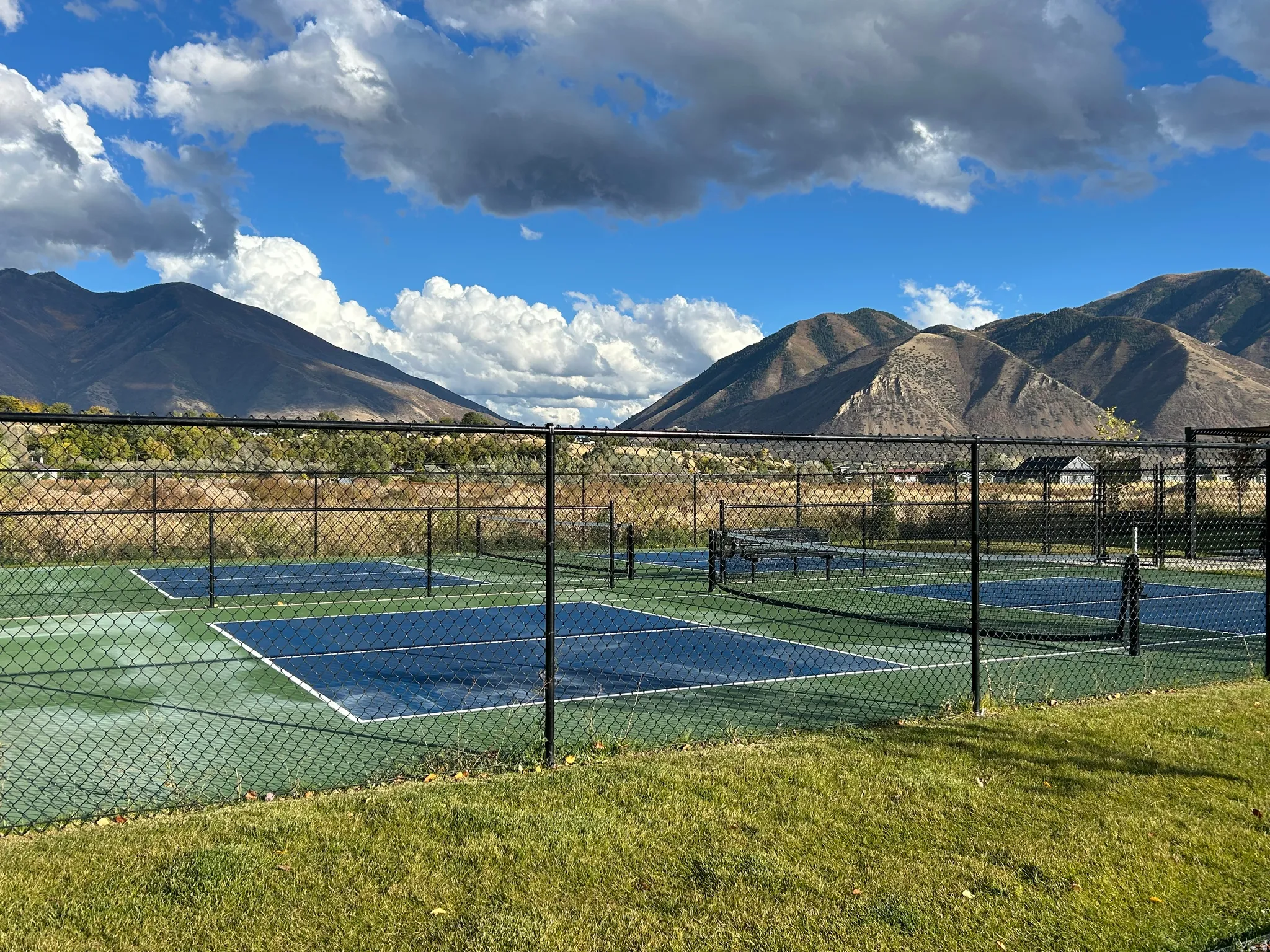 Recreational pickleball courts enclosed by black chain-link fencing, featuring a blue and green playing surface