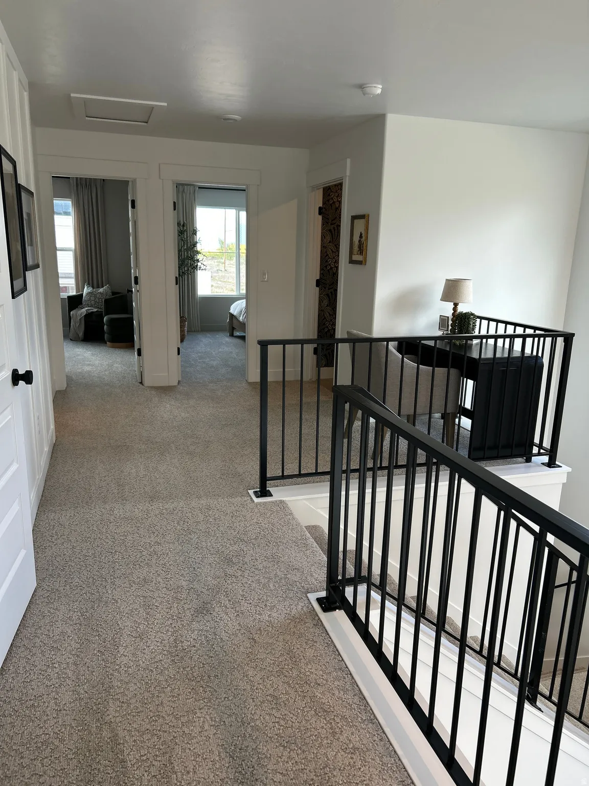 Carpeted hallway featuring white walls and trim, black metal railings, and natural light from visible windows