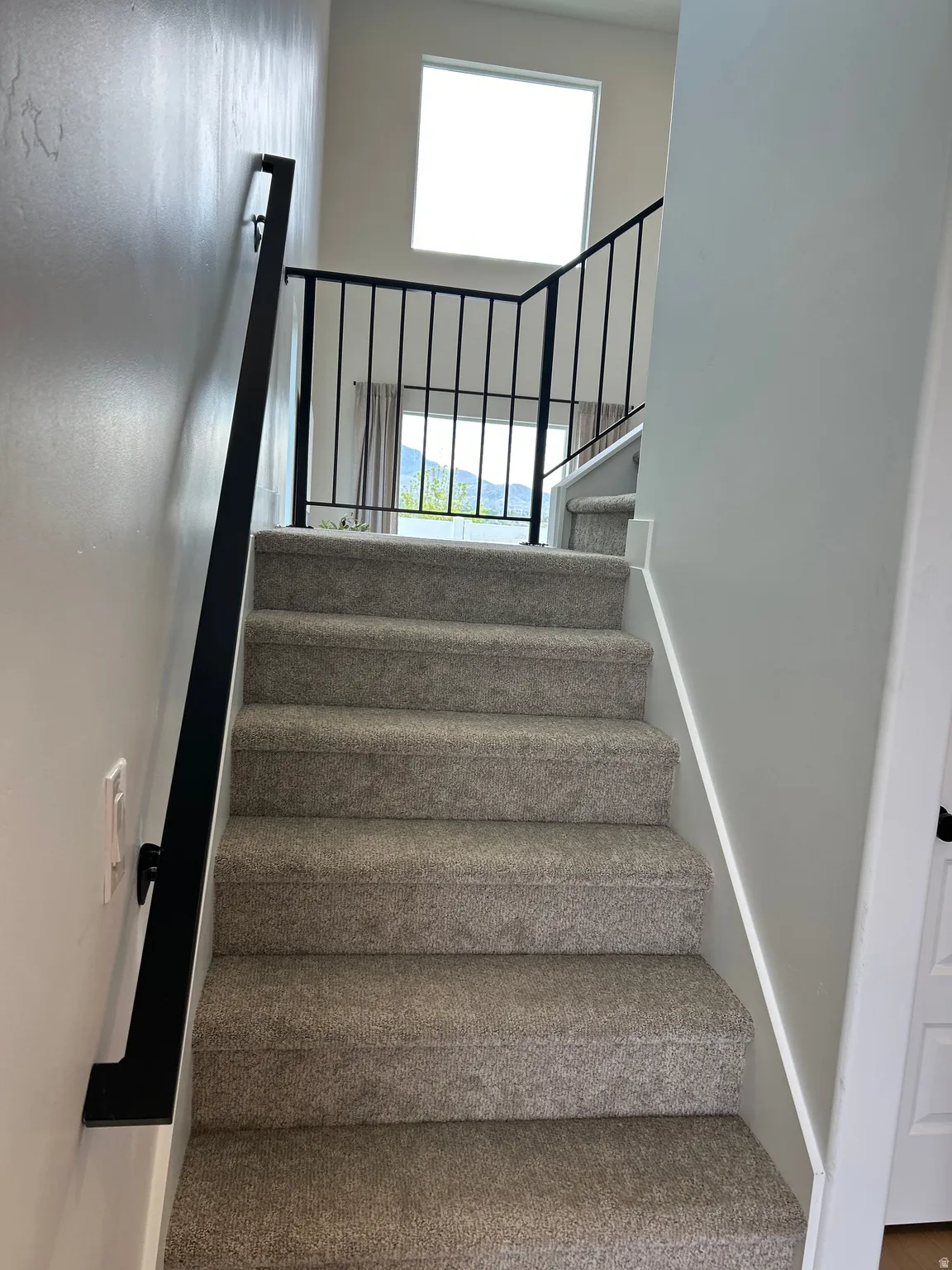 Carpeted staircase with a modern black metal railing