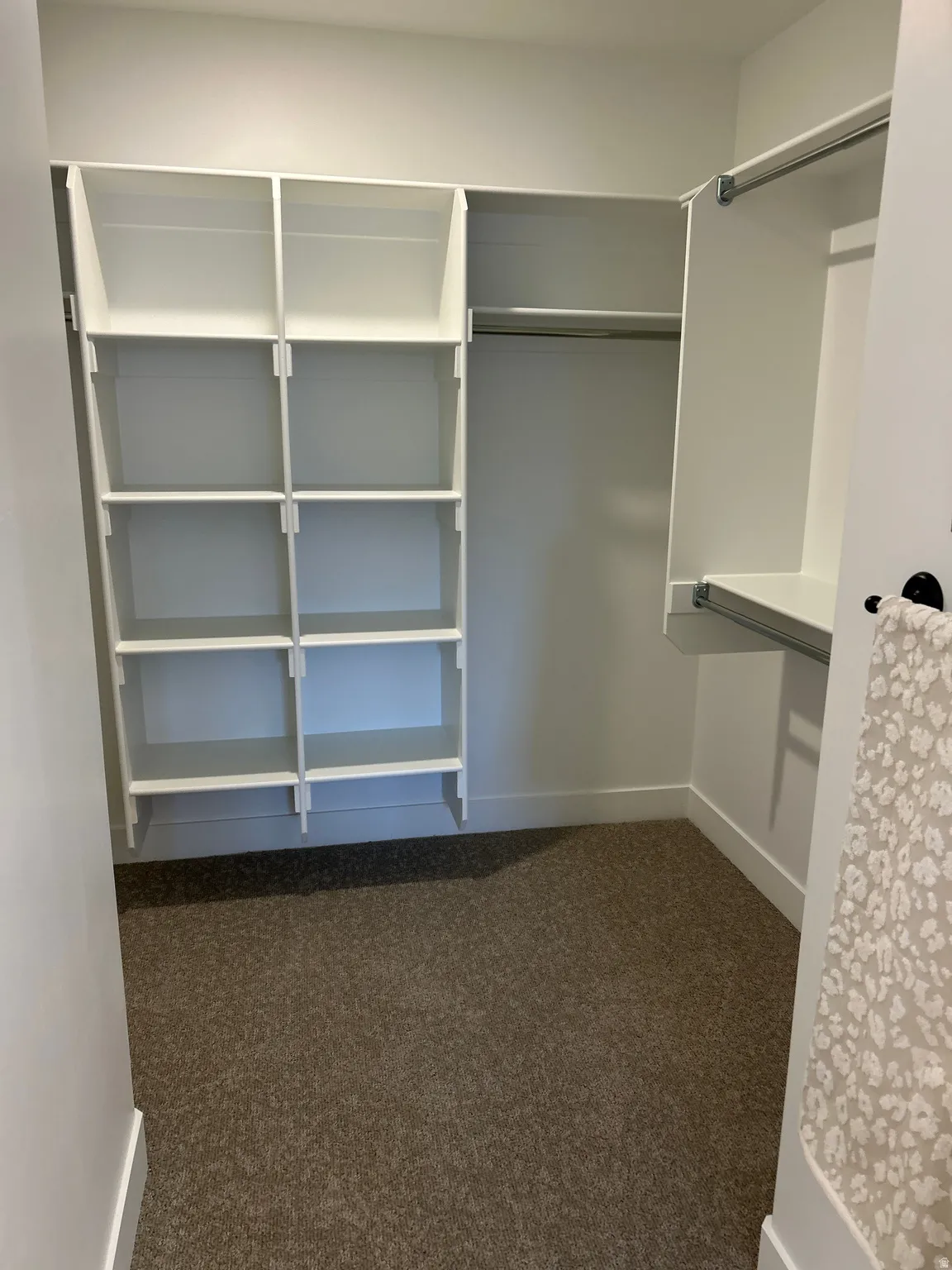 Walk-in closet featuring built-in white shelving, multiple hanging rods, and neutral-toned carpeting
