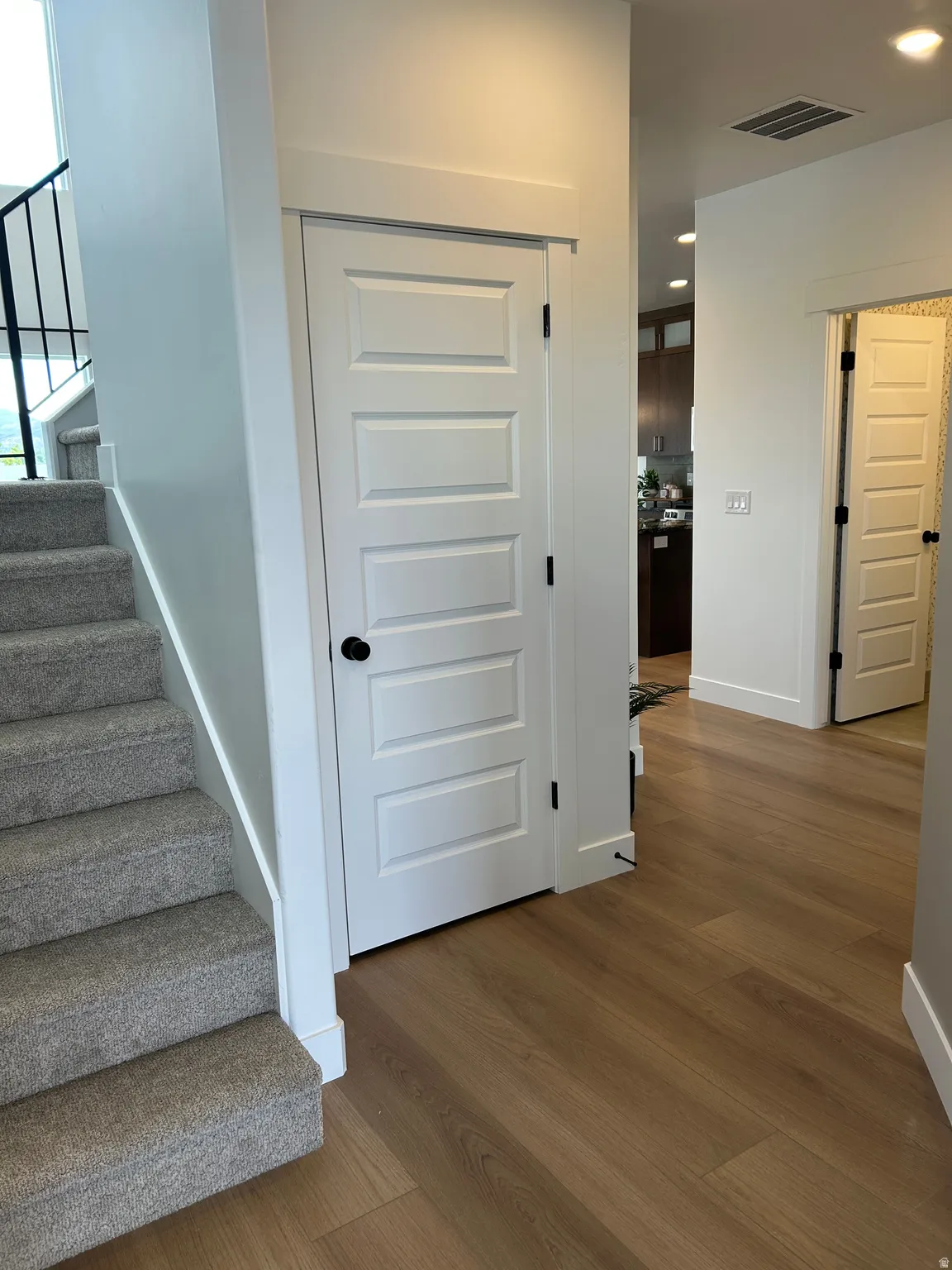 Light wood-finish flooring extending from the hallway, a paneled white door with matte black hardware, and an adjacent carpeted staircase with a black metal handrail