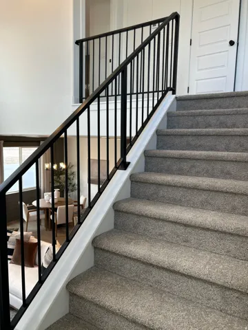 Carpeted staircase with black iron balusters and railing