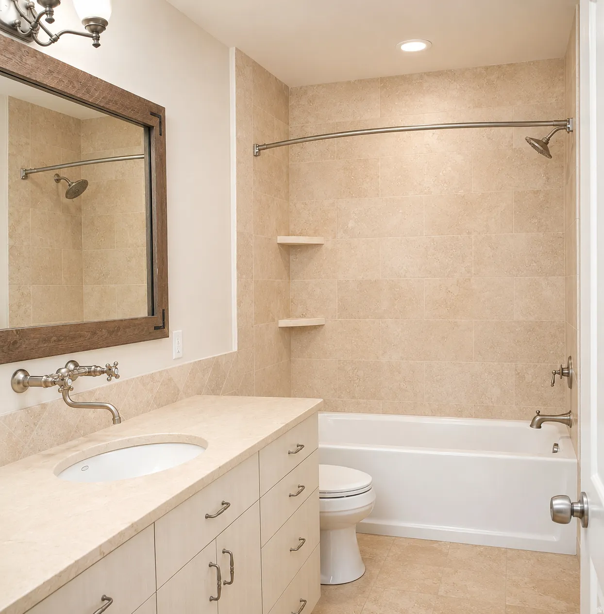 ADU #2 - Bathroom featuring a light-toned tile shower surround with two corner shelves, a white bathtub, and a wood-finish vanity with an undermount sink and wall-mounted faucet