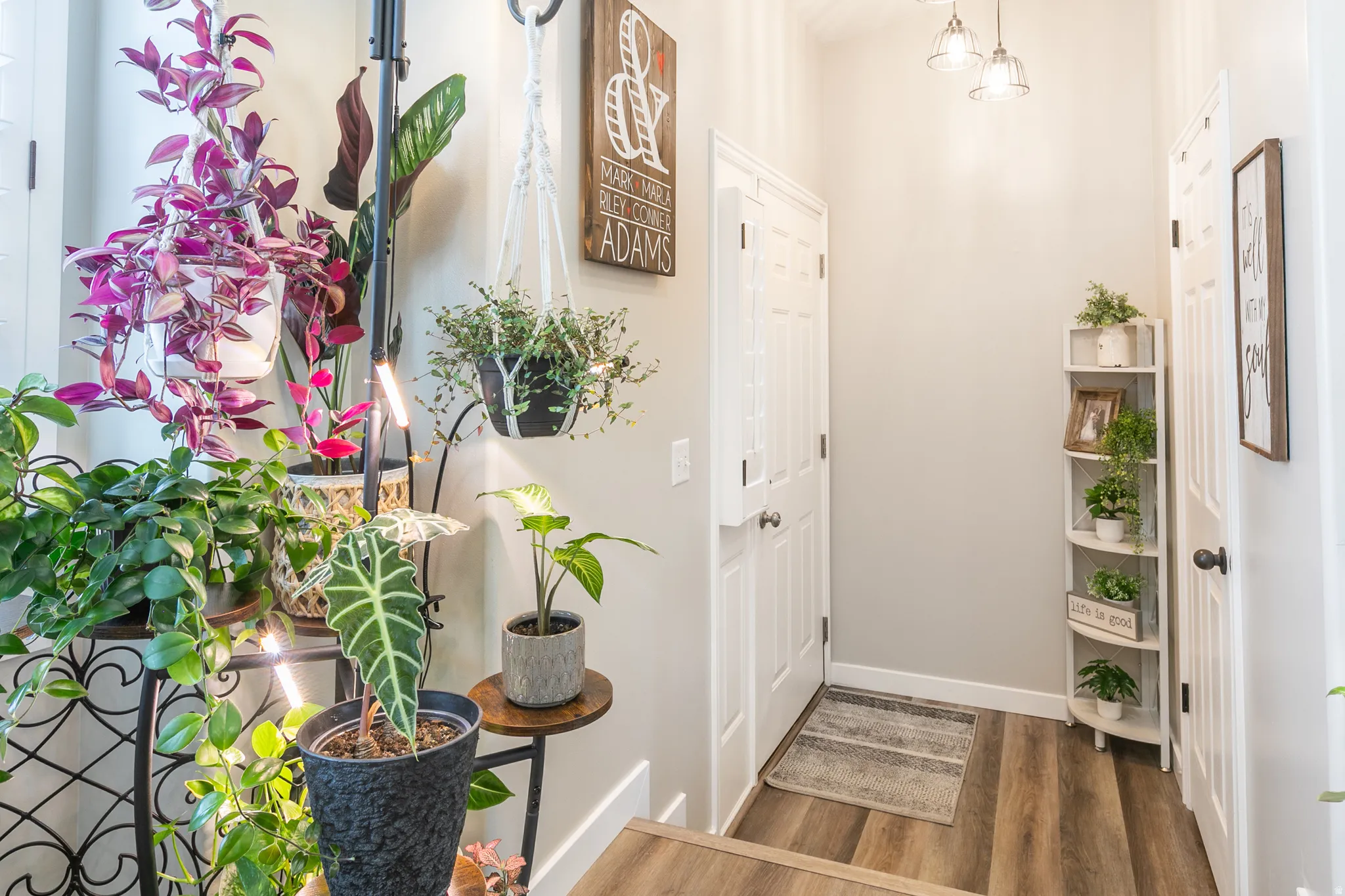 Entryway featuring wood-finish flooring, two white panel doors, and neutral wall paint