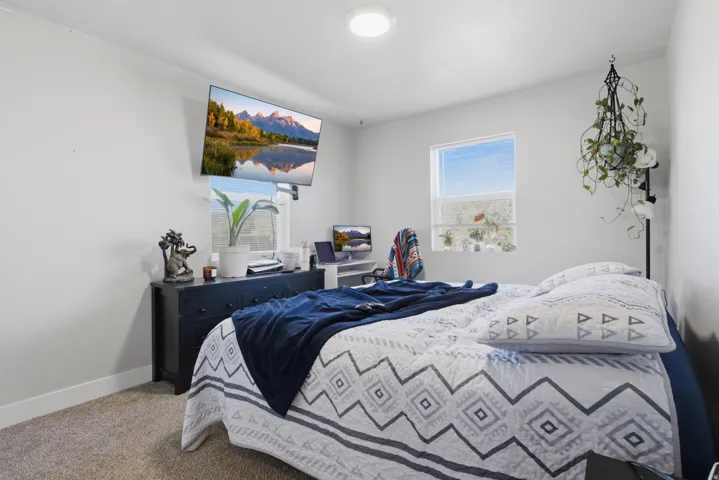 Bright bedroom space featuring a single window, overhead flush-mount lighting, and neutral wall paint