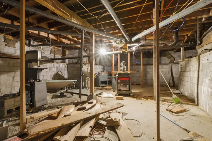 Unfinished basement with exposed wood joists, concrete block walls, and a concrete floor