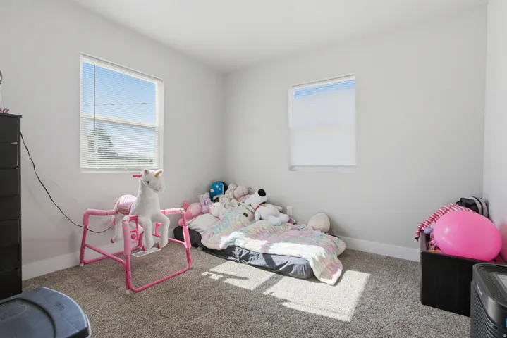 Bright bedroom featuring neutral wall tones, carpet flooring, and two windows providing natural illumination