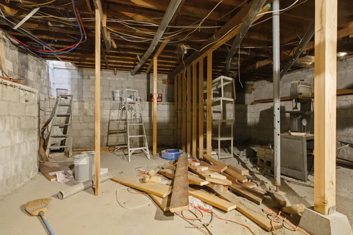 Unfinished basement featuring concrete block walls, exposed wood ceiling joists, and a concrete floor