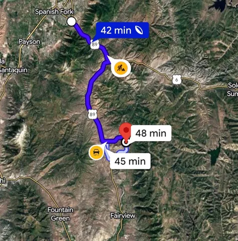 Map Image. Displaying route information and estimated travel times between locations