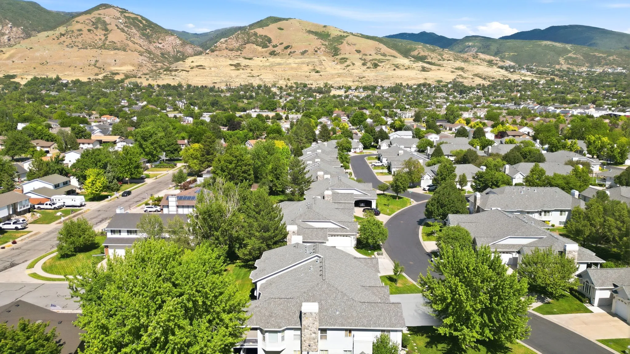 Residential community featuring mature trees and a curving street layout, set against a mountainous backdrop