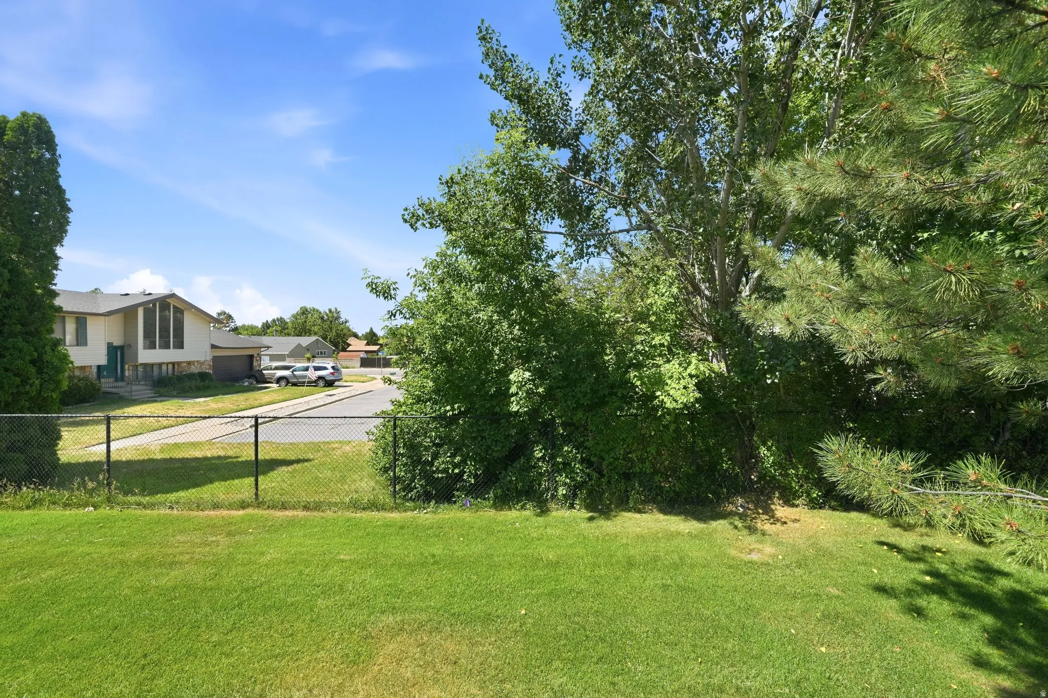 Expansive grassy yard with mature trees and a chain-link fence