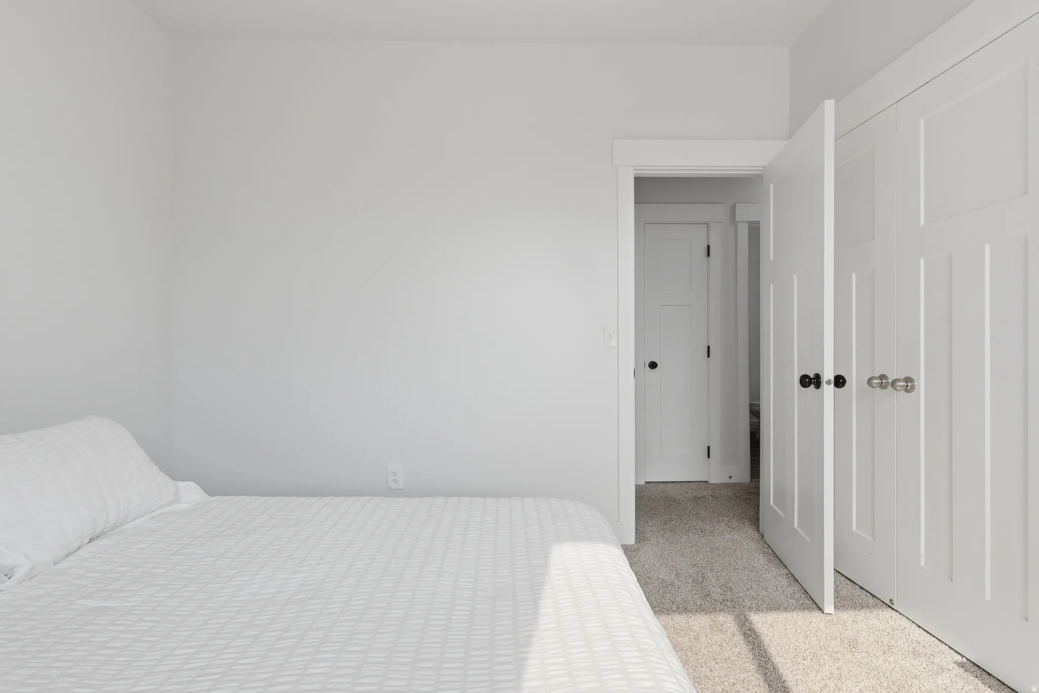 Light grey wall finishes complement the textured carpet flooring