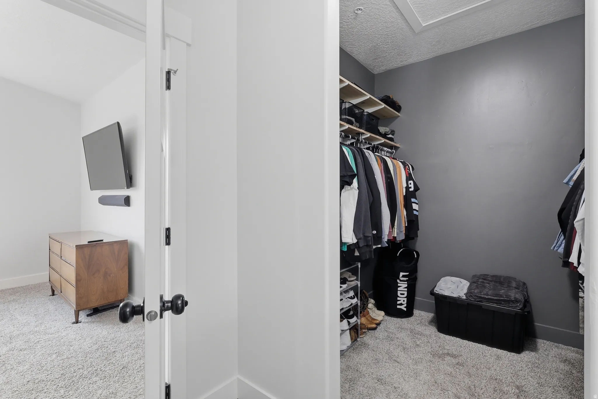 Walk-in closet featuring built-in shelving, clothing rods, and carpeting