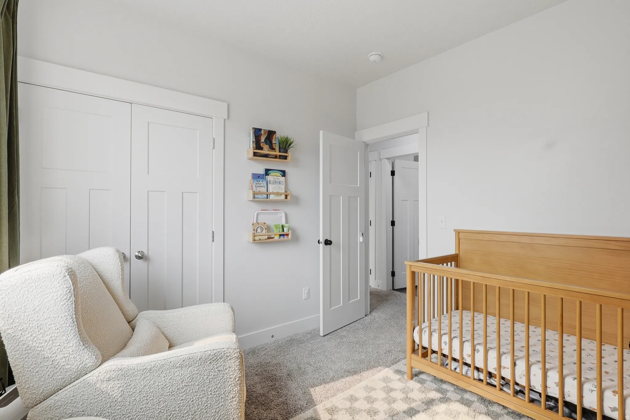 Neutral-toned room featuring a light gray carpeted floor, white walls, and bright white trim