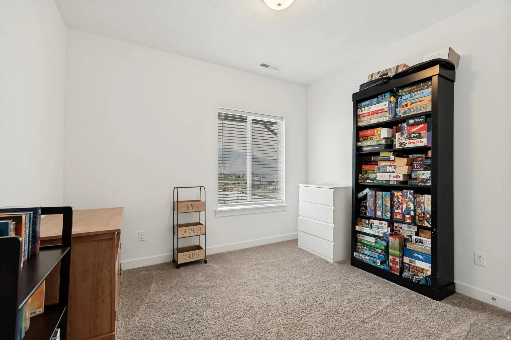 Bedroom 2 featuring a window with horizontal blinds, neutral carpet, white walls, and a flush mount ceiling light