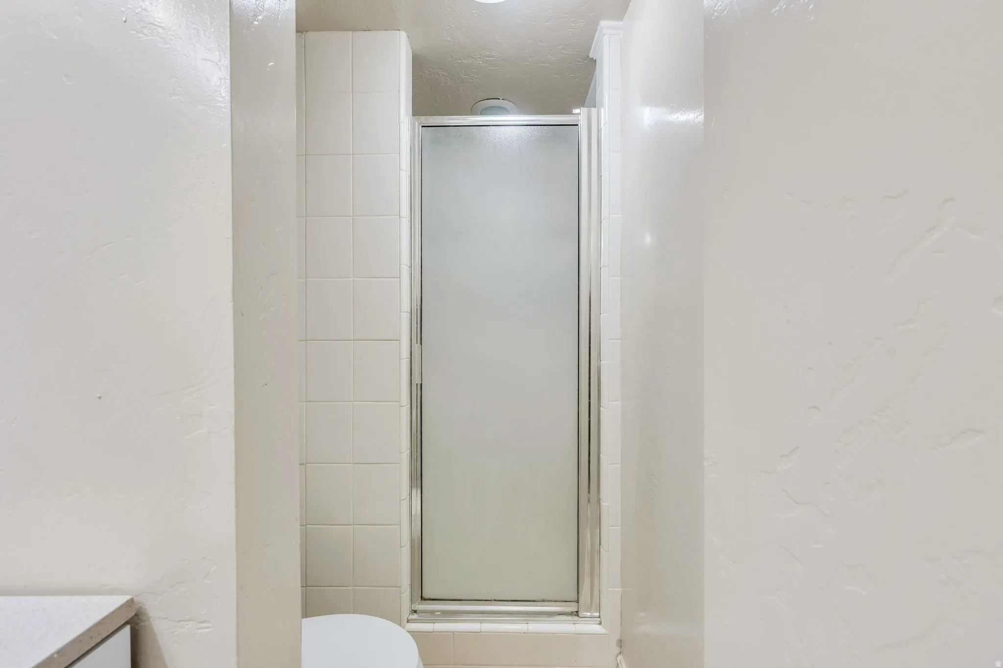 Shower enclosure with frosted glass door, chrome frame, and tile surround