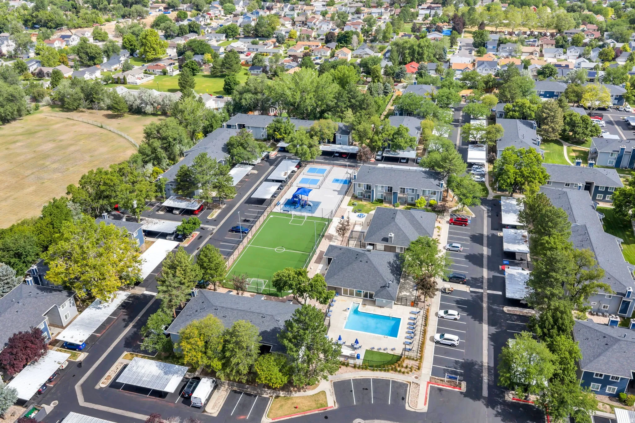 Aerial perspective showcasing a multi-building residential complex