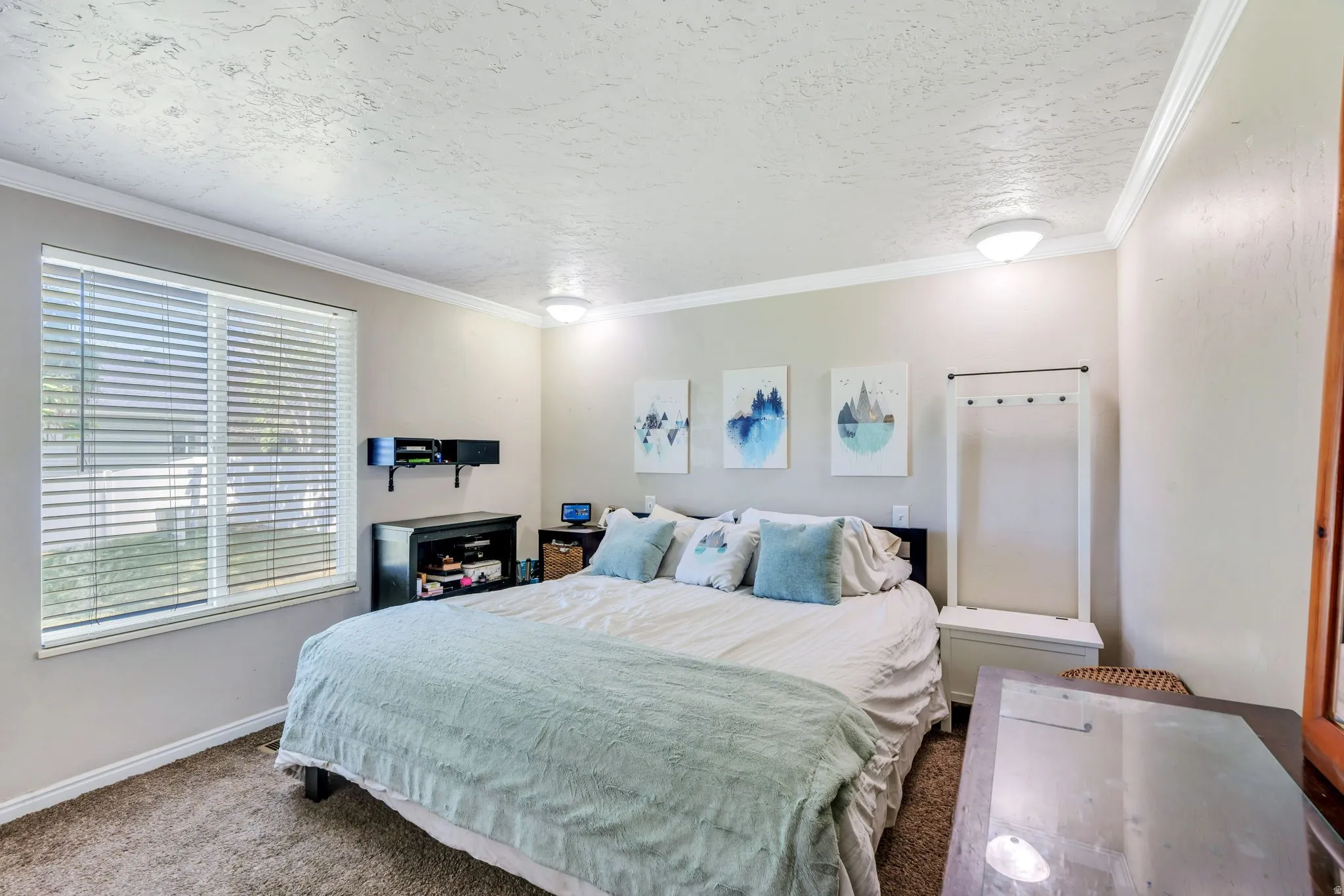 Carpeted bedroom with a large window, crown molding, and two ceiling-mounted light fixtures