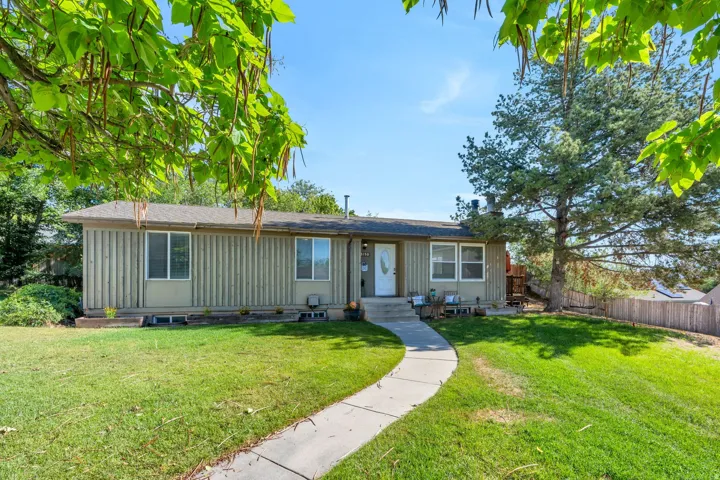 Ranch-style residence featuring vertical siding, a white front door, and a concrete walkway