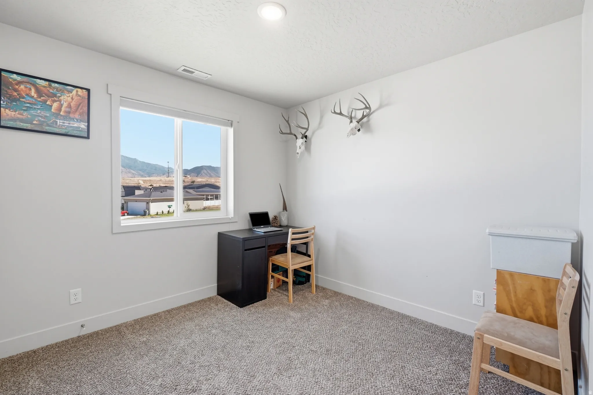 White walls and gray carpeting with a large window providing ample natural light