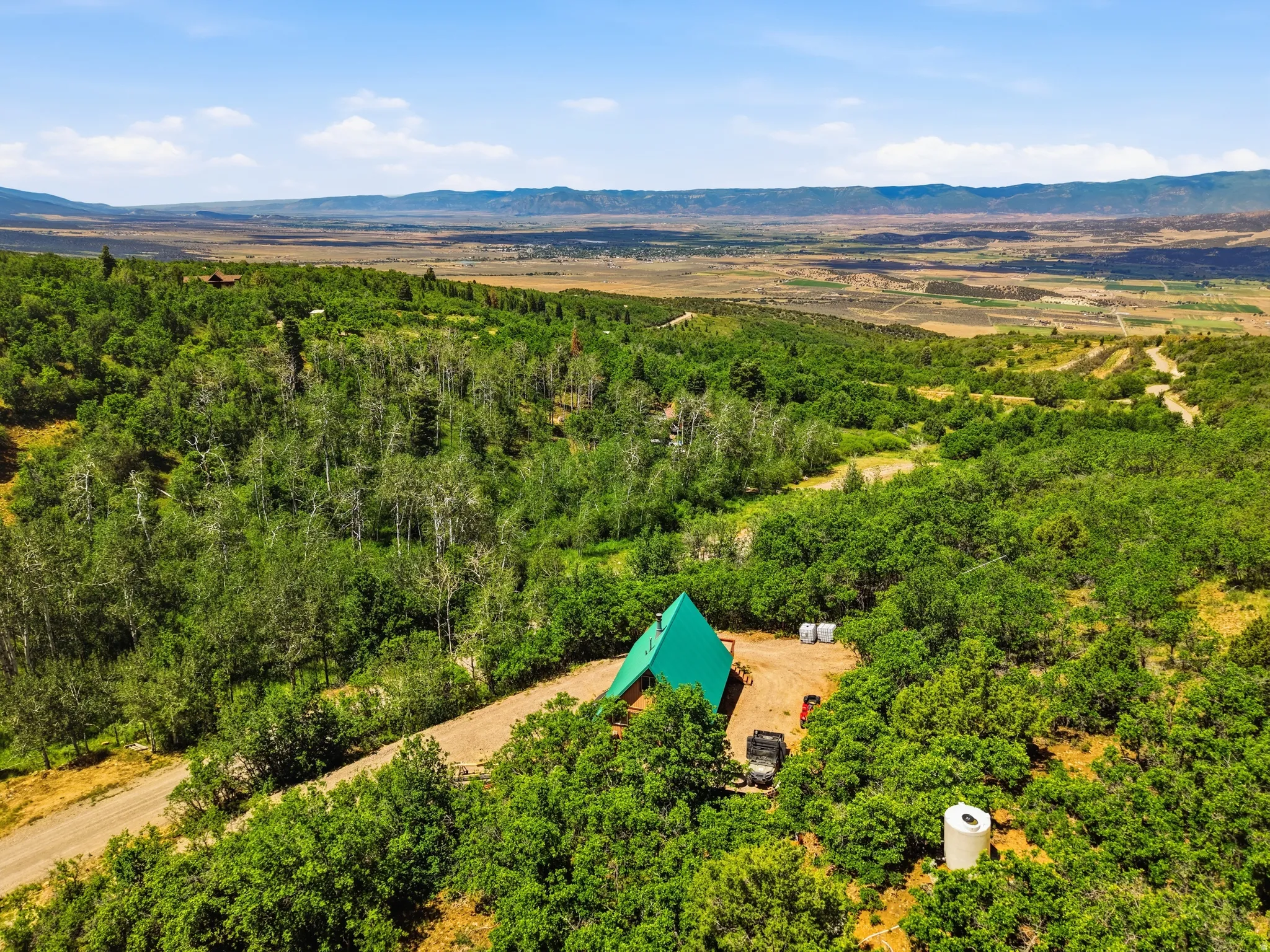 Lush, tree-covered landscape surrounds an A-frame structure with a bright green roof